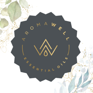 AromaWell Essential Oil Blends Logo Background Grey Gold